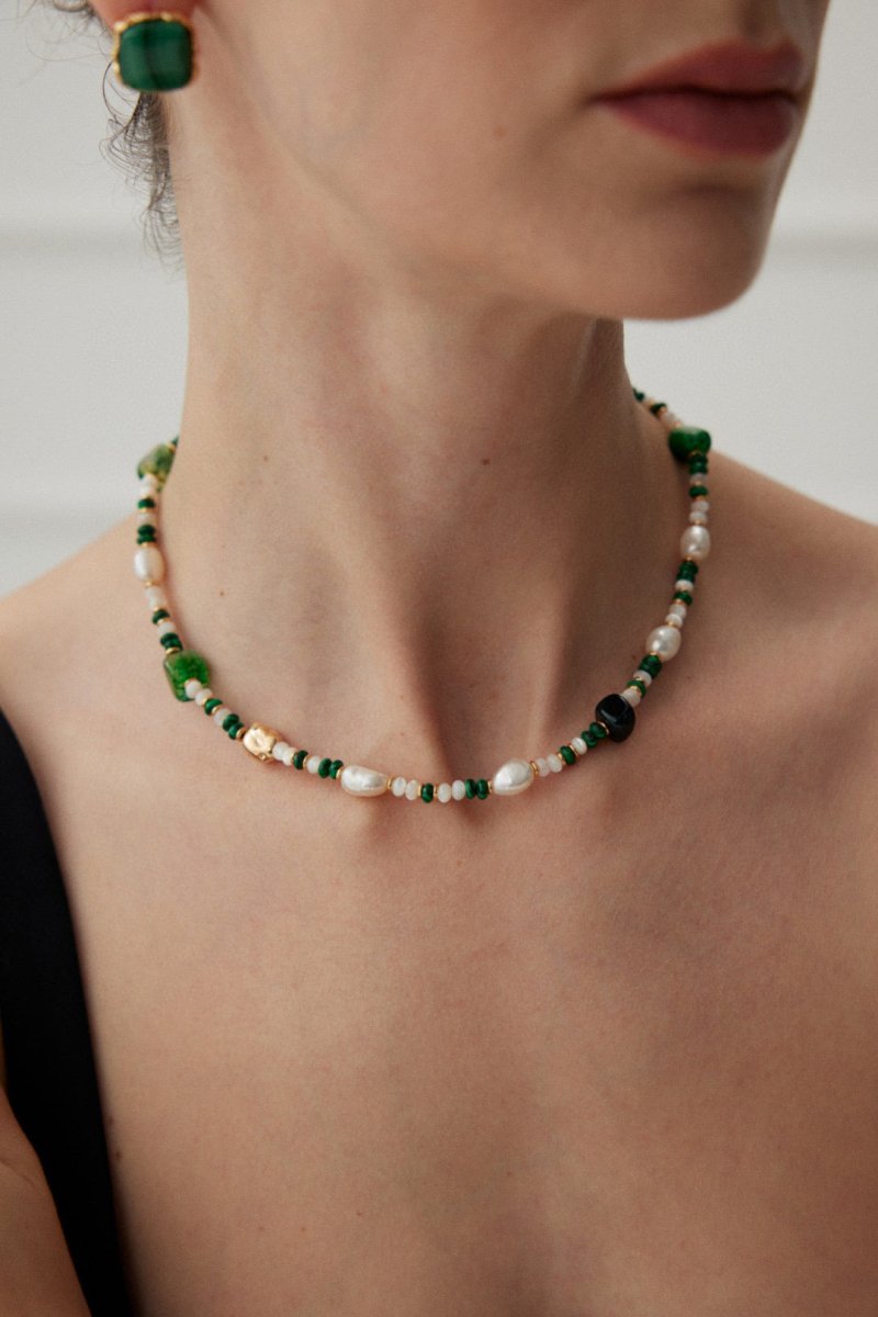 Ivy - Freshwater Pearl and Malachite Necklace - Pearlorious Jewellery