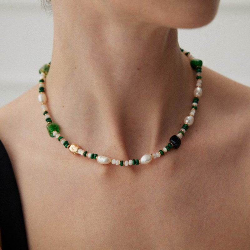 Ivy - Freshwater Pearl and Malachite Necklace - Pearlorious Jewellery