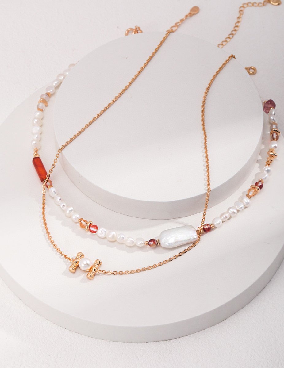 Eloise - Pearl Necklace with Strawberry Quartz - Pearlorious Jewellery